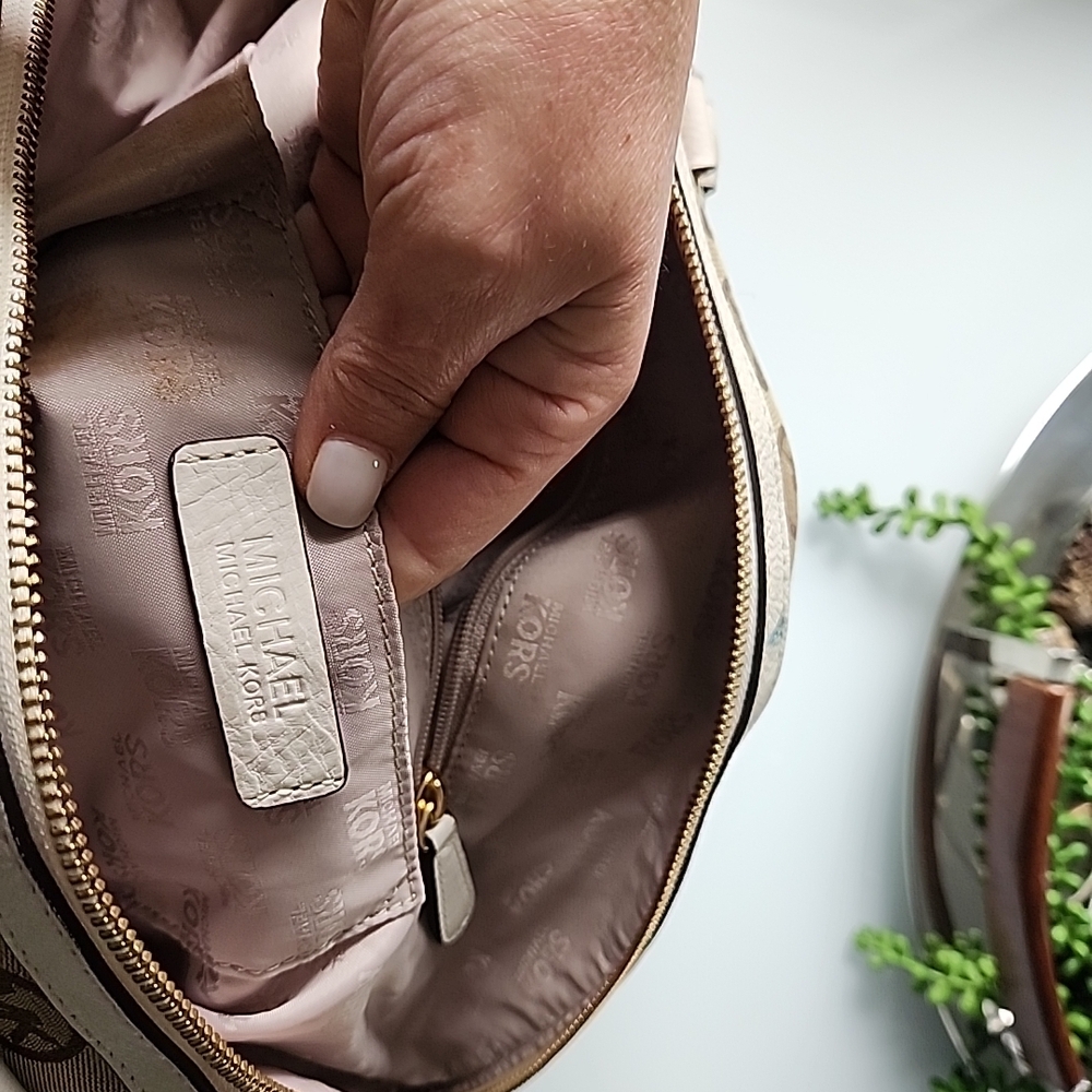 Michael Kors Beige Monogram Satchel with Pink Trim - Picture 12 of 15